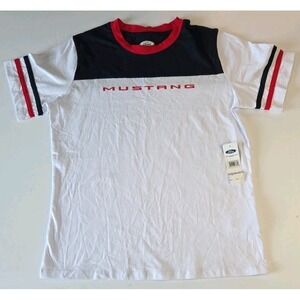 Mens Medium Ford Mustang T-Shirt Official Licensed White W/ Blue/Red Stripes NWT